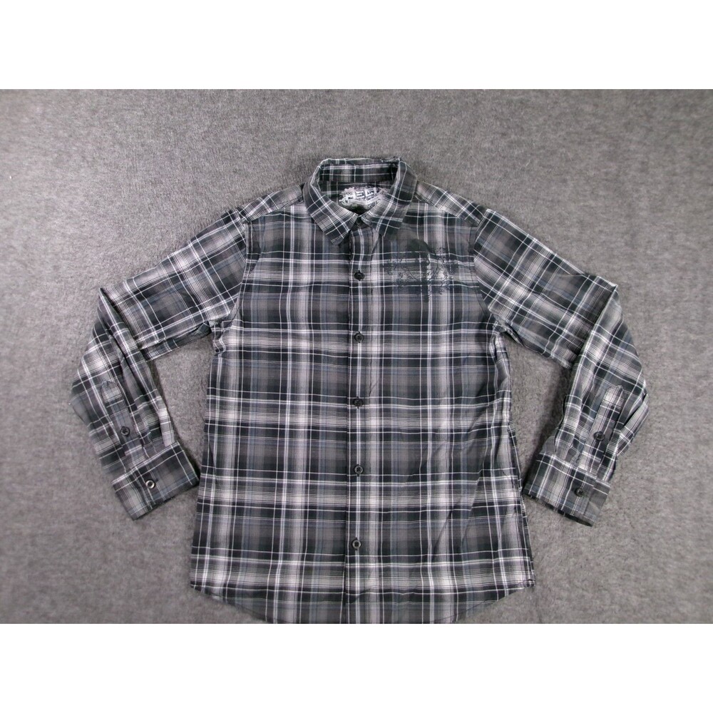 Helix Shirt Youth Medium Gray Plaid Western Causal Guitar Print Classic Button
